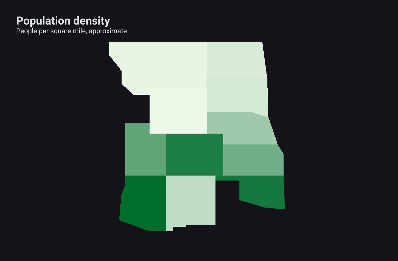 Eleven US states with simplified outlines, shaded from pale to dark green by population density