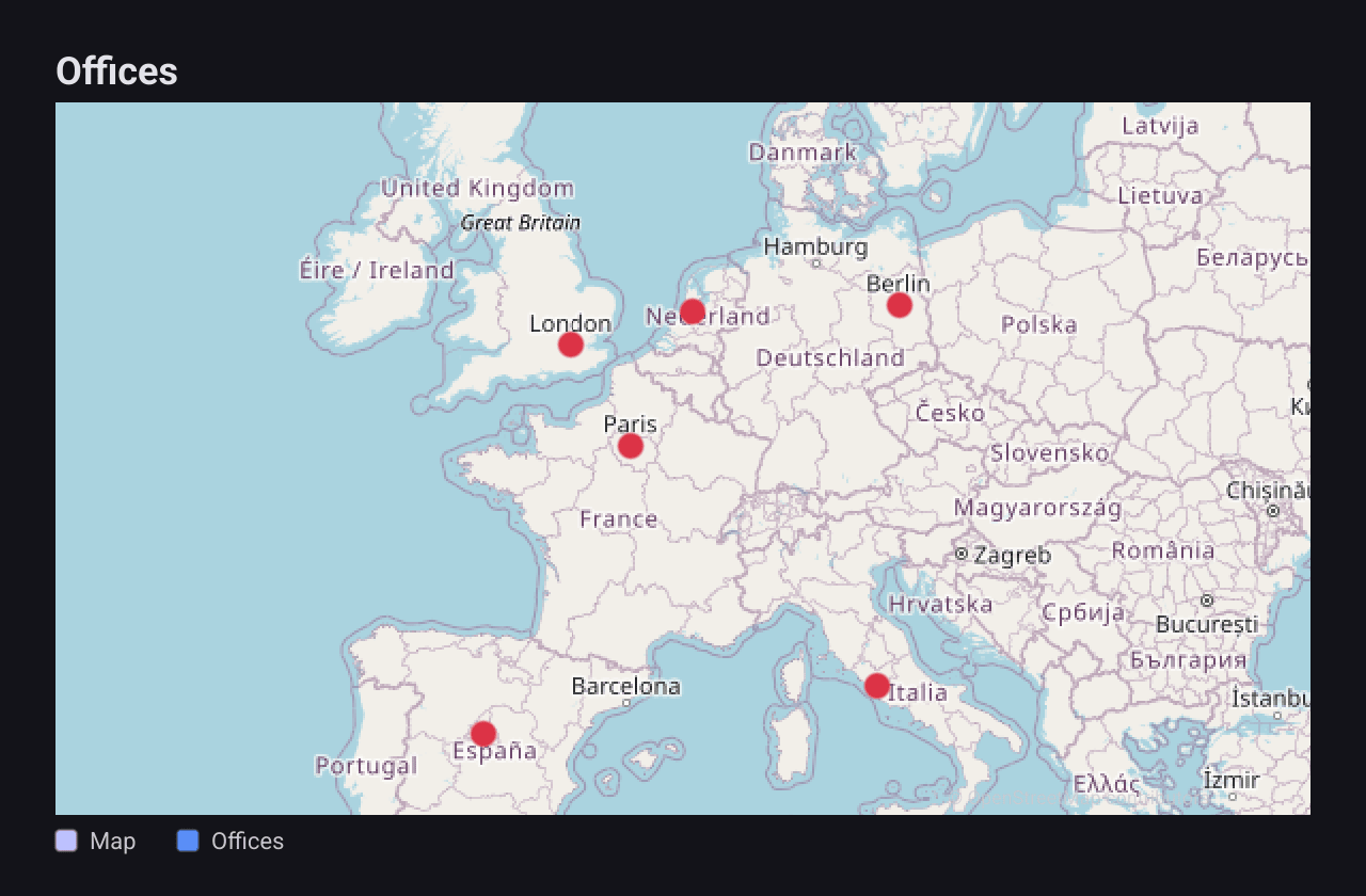 Six red dots on a tile map of western Europe, at London, Paris, Amsterdam, Berlin, Madrid and Rome