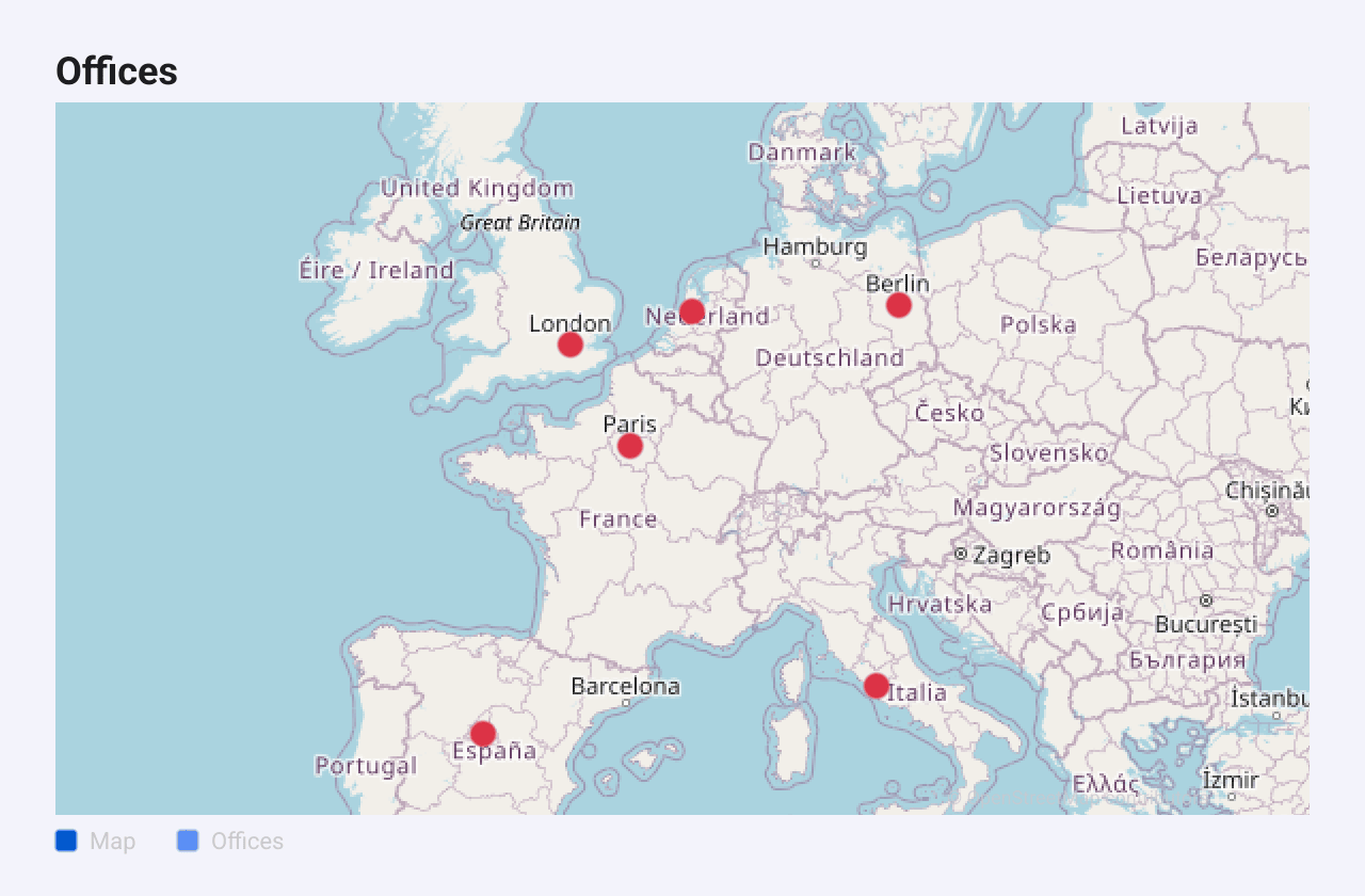Six red dots on a tile map of western Europe, at London, Paris, Amsterdam, Berlin, Madrid and Rome