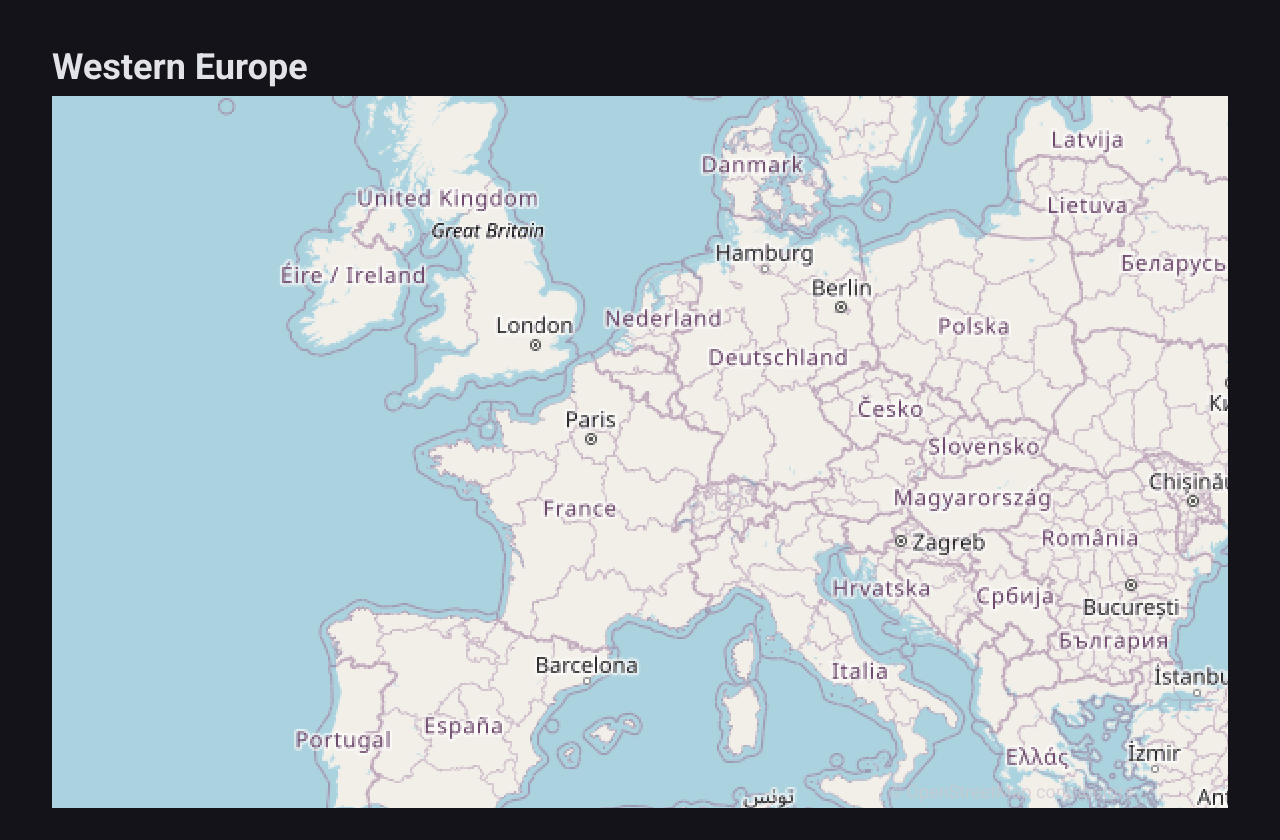 A tile map of western Europe from OpenStreetMap