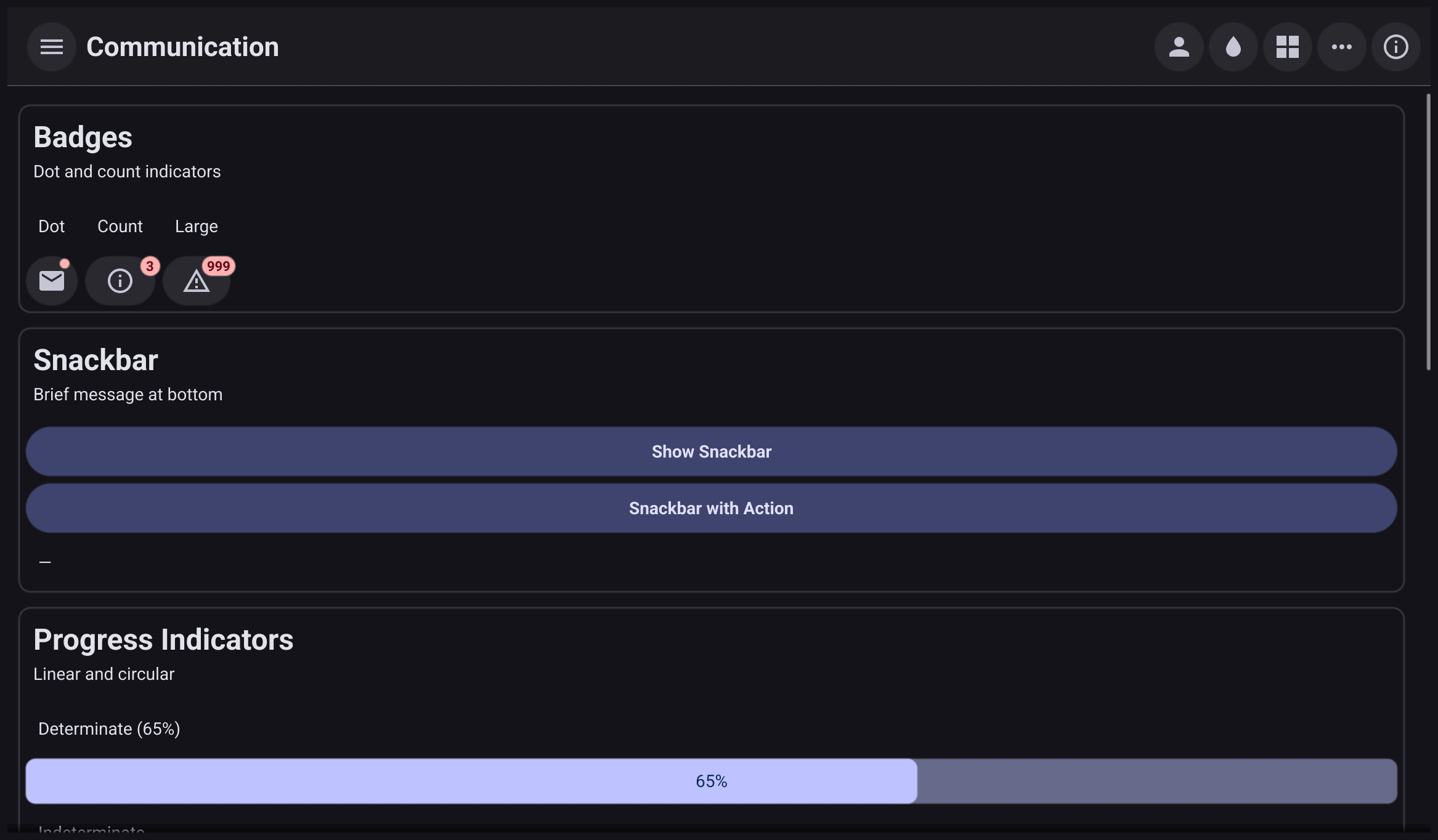 The Communication page with badges, snackbar buttons and progress indicators
