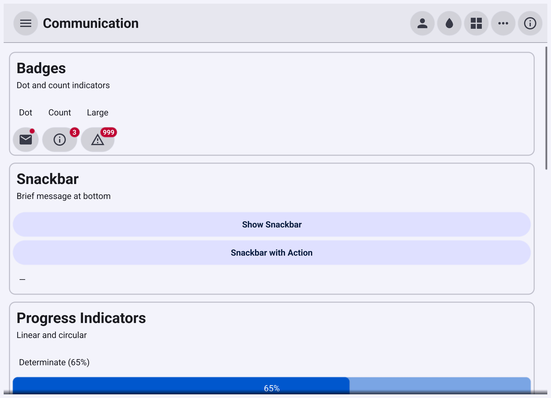 The Communication page with badges, snackbar buttons and progress indicators