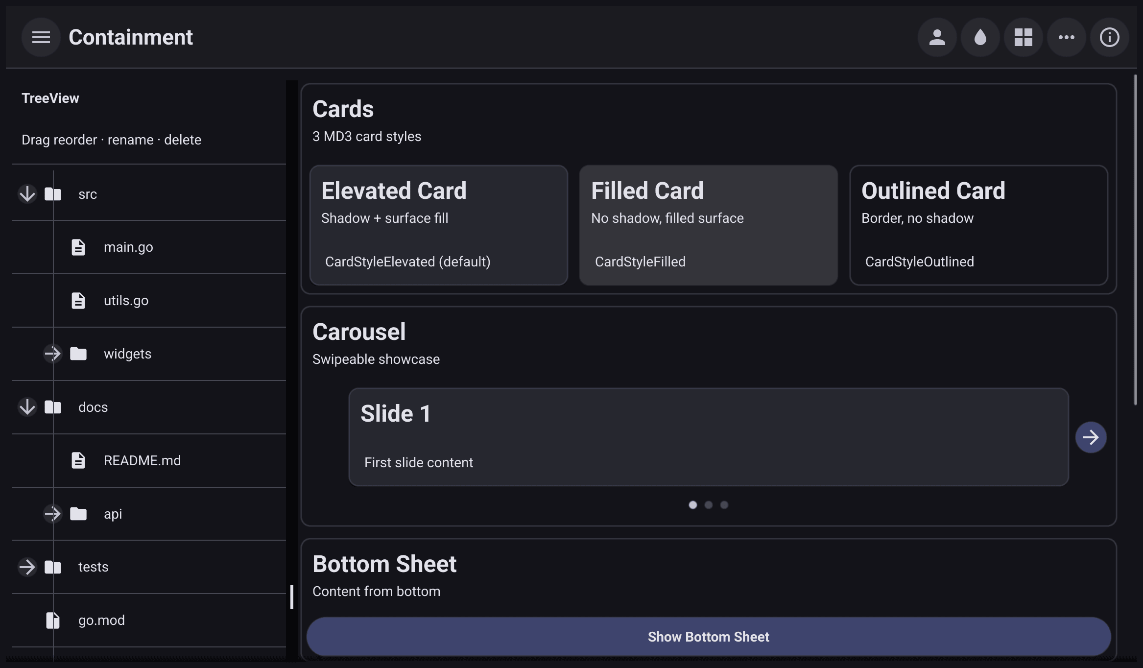 The gallery's Containment page: a tree on the left and scrolling cards on the right, divided by a draggable split bar