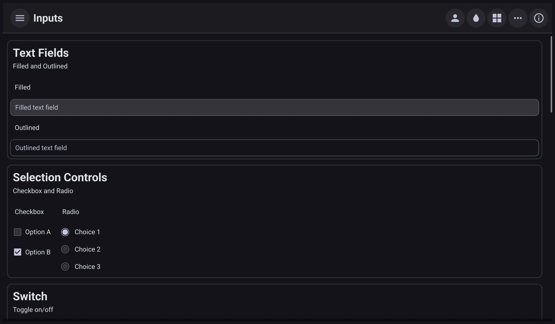 The Inputs page with filled and outlined text fields, checkboxes and radio buttons