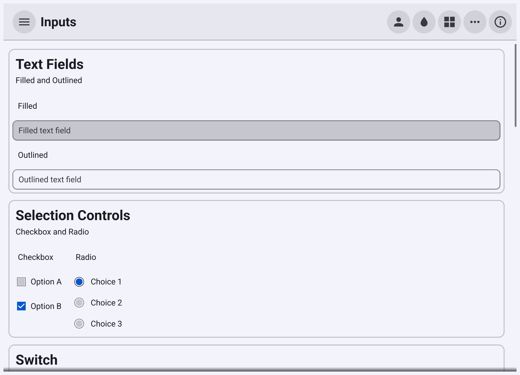 The Inputs page with filled and outlined text fields, checkboxes and radio buttons