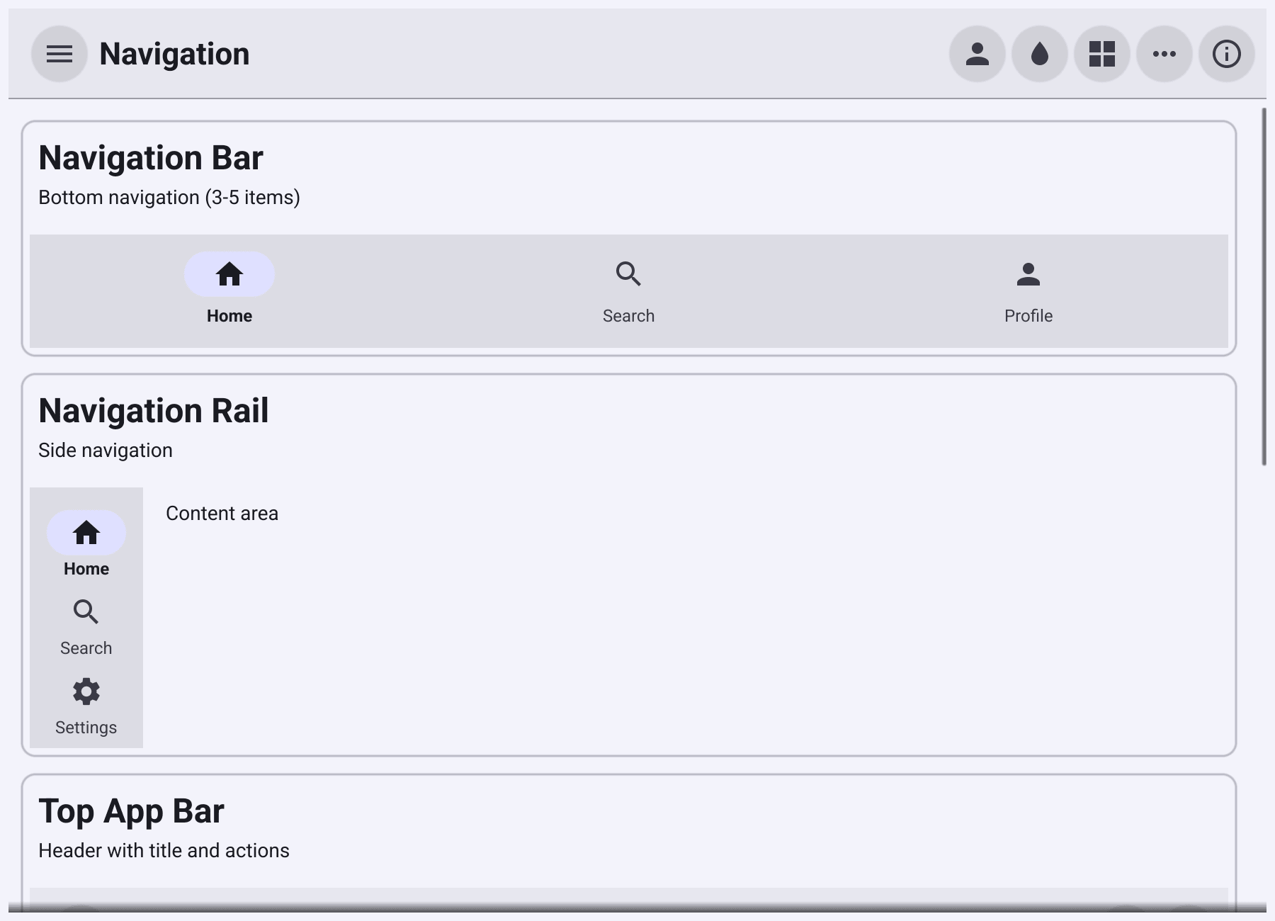 The Navigation page with a navigation bar, a navigation rail and a top app bar