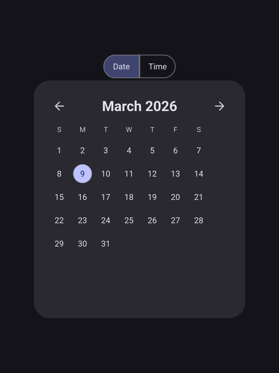 A date and time picker with Date selected in a two-button switch above the March 2026 calendar