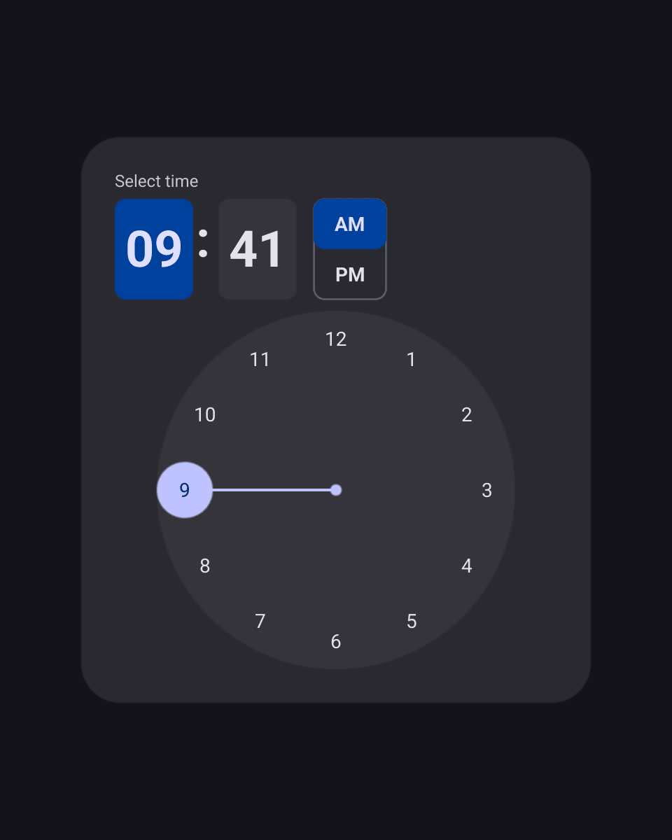 A time picker in 12-hour mode set to 09:41 AM: hour and minute fields with an AM/PM switch above a clock dial whose hand points at 9