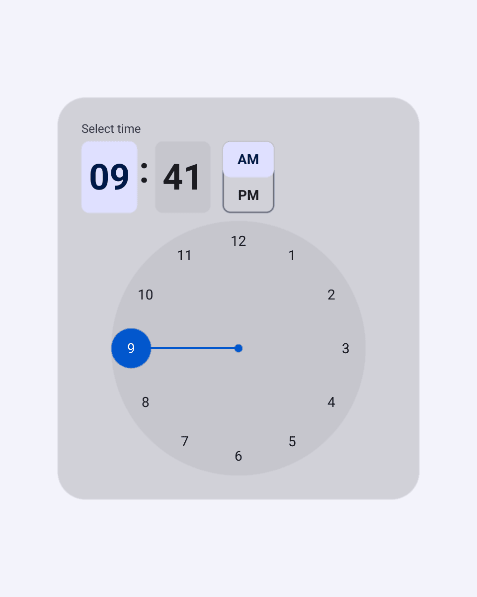 A time picker in 12-hour mode set to 09:41 AM: hour and minute fields with an AM/PM switch above a clock dial whose hand points at 9