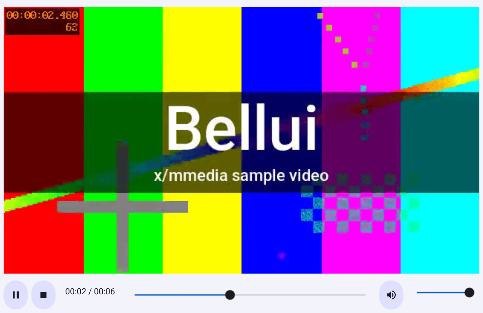 The media player showing a test-pattern video with the word Bellui, and its control bar below: pause, stop, elapsed and total time, seek bar, mute and volume.