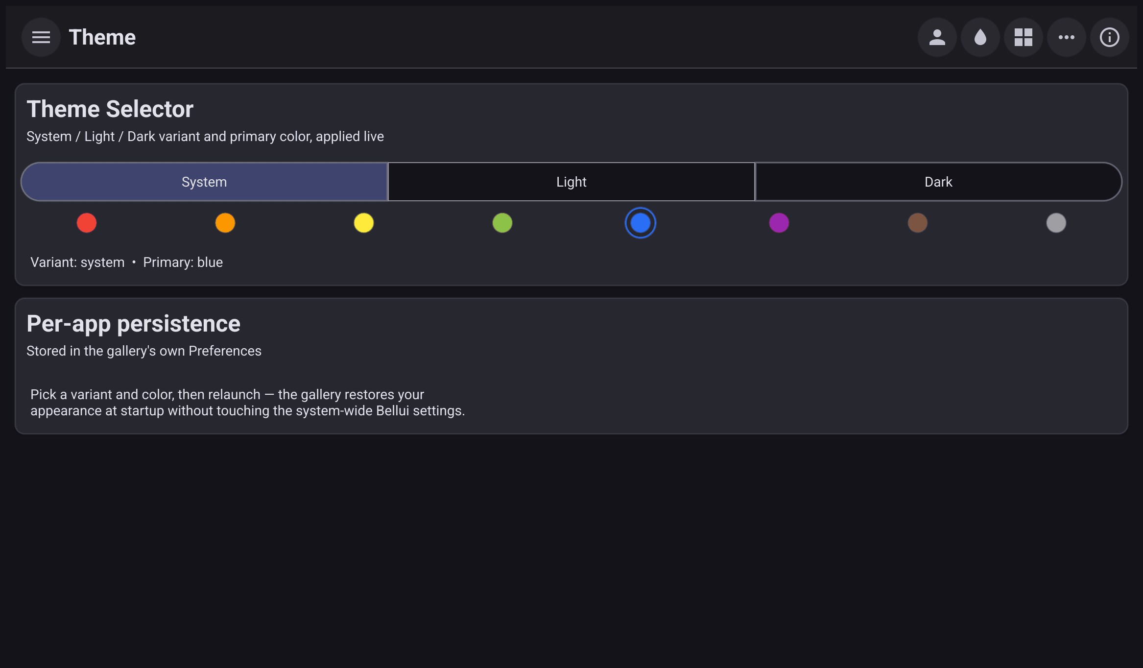 The gallery's Theme page: a System, Light, Dark selector above eight primary colour swatches