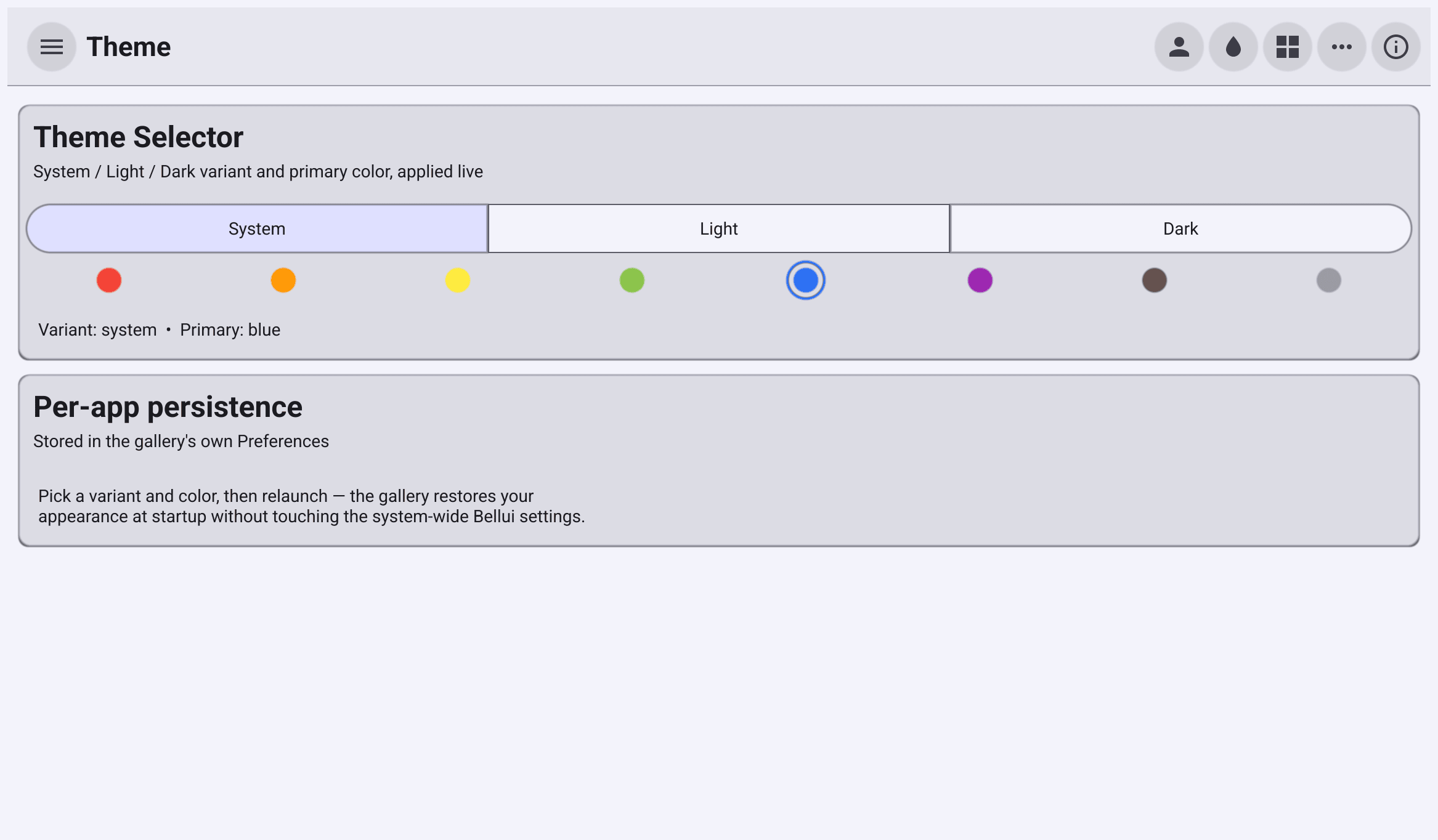 The gallery's Theme page: a System, Light, Dark selector above eight primary colour swatches